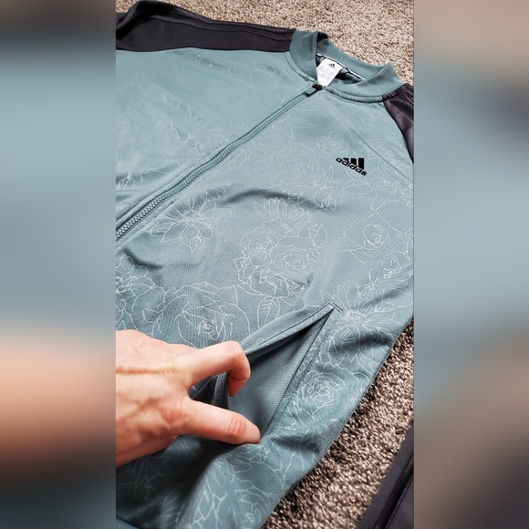 Adidas Firebird Floral Embossed Zip Up Bomber Track Jacket Teal Black - Picture 9 of 16